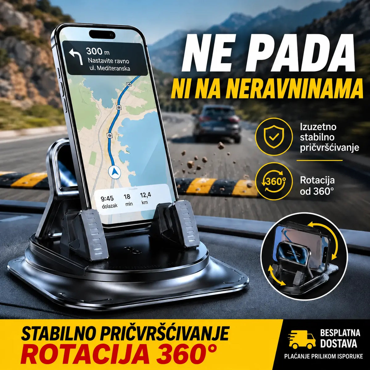 🚗 Auto-nosač za telefon 2 u 1, rotirajući za 360° i neklizajući