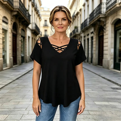 【Najniža cijena ograničenog trajanja】👚 Majica kratkih rukava od 100% pamuka s V-izrezom, crossover dizajnom, izrezom | Elegantna i prozračna