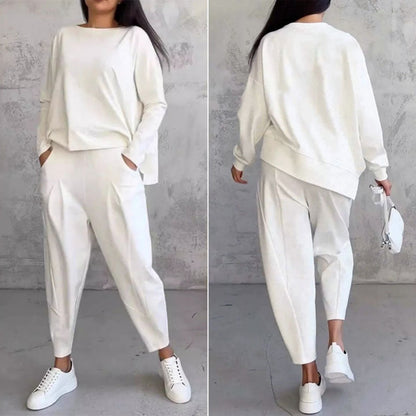 💥Top + pantaloni 💖 Costum din două piese cu mânecă lungă și gât rotund-3850764
