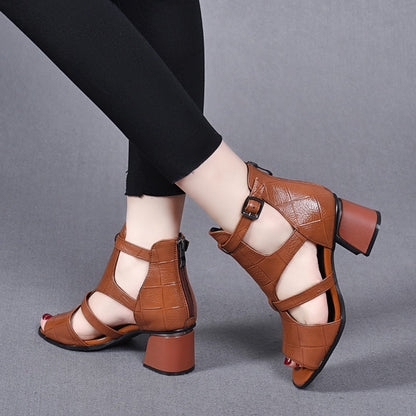 👡【35-40】Noua piele moale, moale, fund de pește, gură de pește, gură goală, sandale romane cu toc gros--3888909