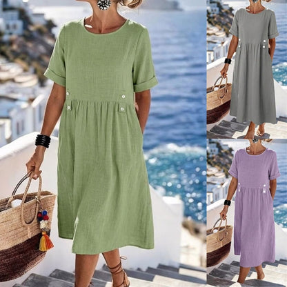 💥⏳【Zadnja 3 dana, 50% popusta】👗【M-3XL】Nova pamučno-lanena haljina s okruglim izrezom, prozračna i udobna, stagnira i laska.