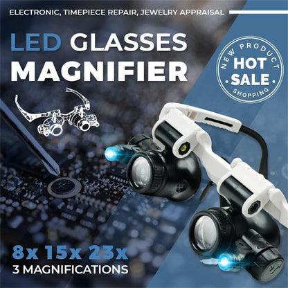 🔥✅Lupă pentru Ochelari cu LED 8x/15x/23x – Bandă Reglabilă, Lentilă Optică pentru Bijutieri, Ceasornicari, Reparare, Lectură