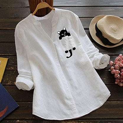 ✨🔥【Nou de primăvară】【S-3XL】 Cămașă din bumbac cu decolteu în V, cu mânecă lungă, cu imprimeu de pisici, noua modă de primăvară 2025-