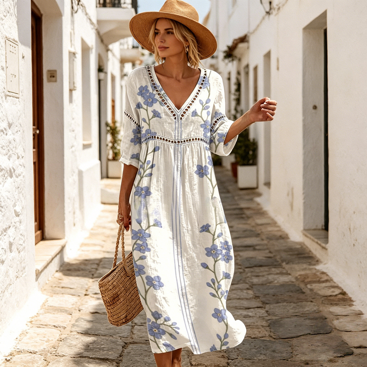 👗【S-3XL】Duga haljina od pamuka i lana s cvjetnim uzorkom u ljetnom stilu, V-izrez