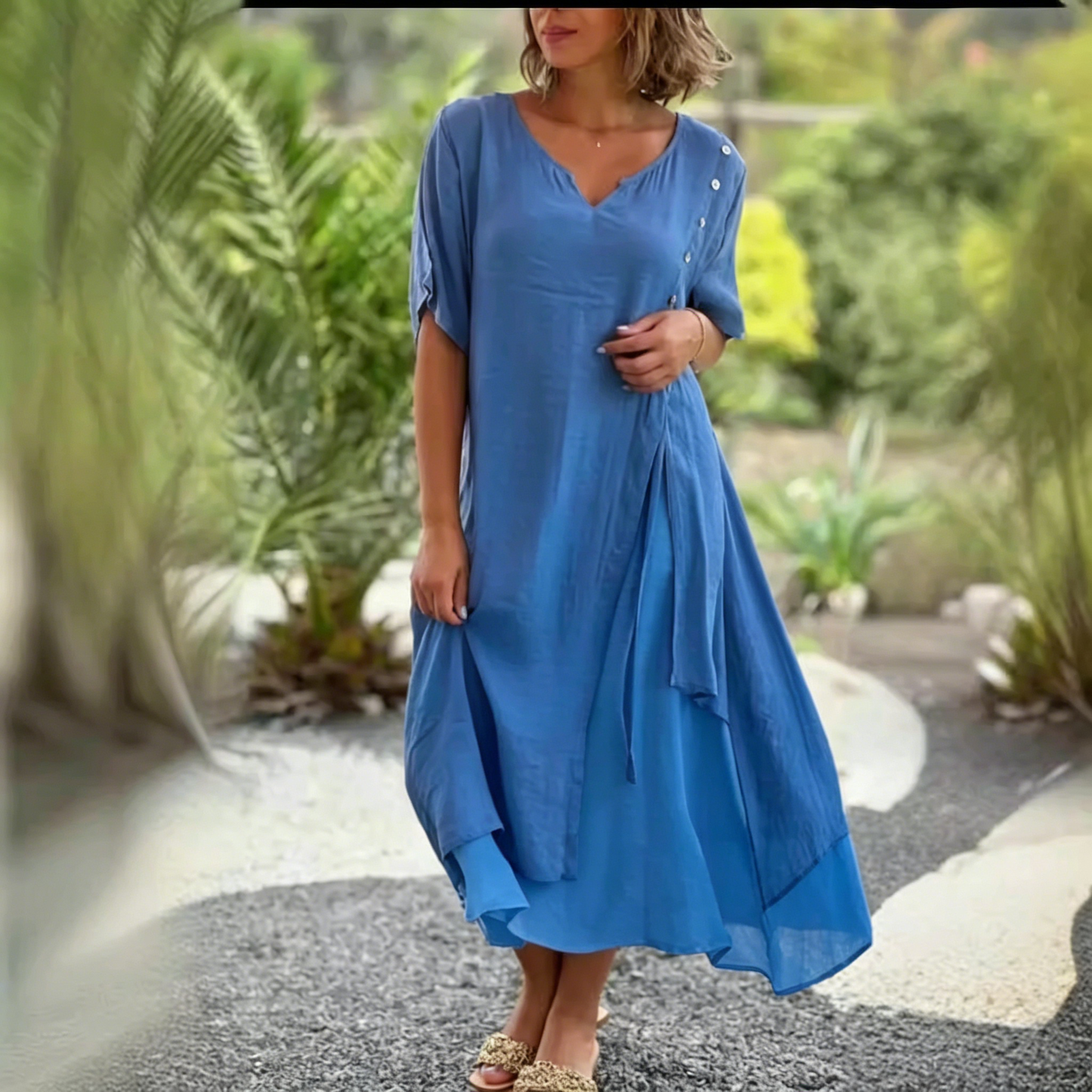 👗💖Vremenski ograničena promocija😍【S-4XL】✨Nova proljetno/ljetna dvodijelna asimetrična haljina za 2026. godinu, V-izrez s kratkim rukavima.