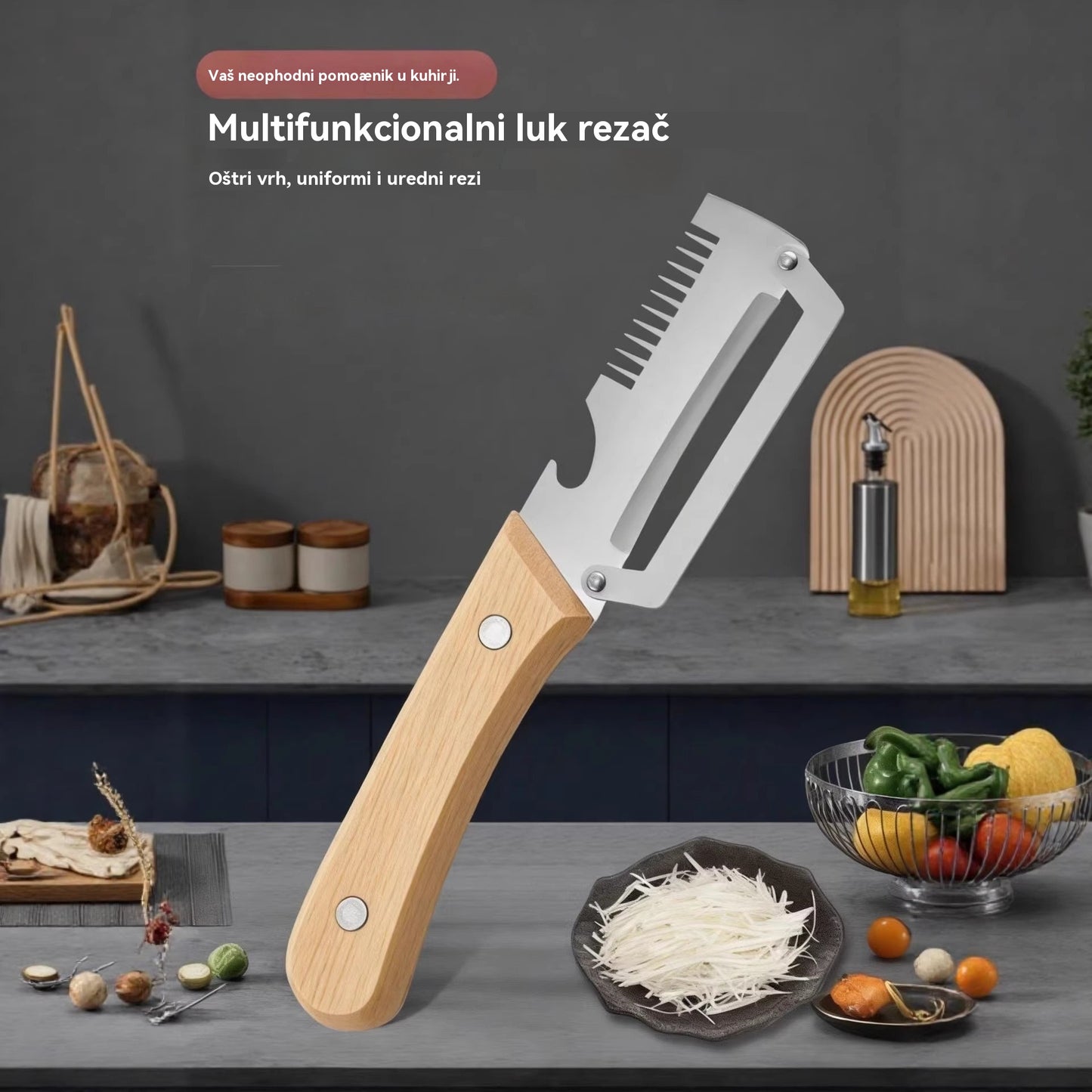 ✅【Kupite 2, dobijte 2 gratis!】🧅🔪 Višenamjenska kuhinjska gulilica 3 u 1: Guli, reže i otvara čepove boca! 🔥