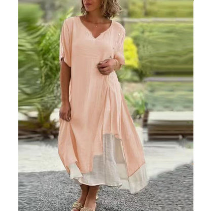 👗💖Vremenski ograničena promocija😍【S-4XL】✨Nova proljetno/ljetna dvodijelna asimetrična haljina za 2026. godinu, V-izrez s kratkim rukavima.