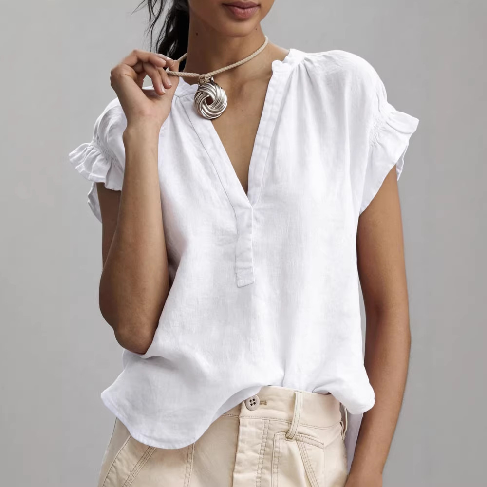 🌟【Novo - Ograničeno vrijeme 3 dana s 50% popusta】🎀2026 Nova ljetna boemska jednobojna ležerna majica kratkih rukava s V-izrezom, pamuk i lan —✅Besplatna dostava