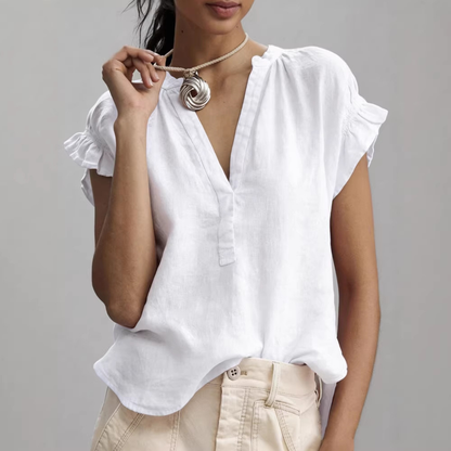 🌟【Novo - Ograničeno vrijeme 3 dana s 50% popusta】🎀2026 Nova ljetna boemska jednobojna ležerna majica kratkih rukava s V-izrezom, pamuk i lan —✅Besplatna dostava