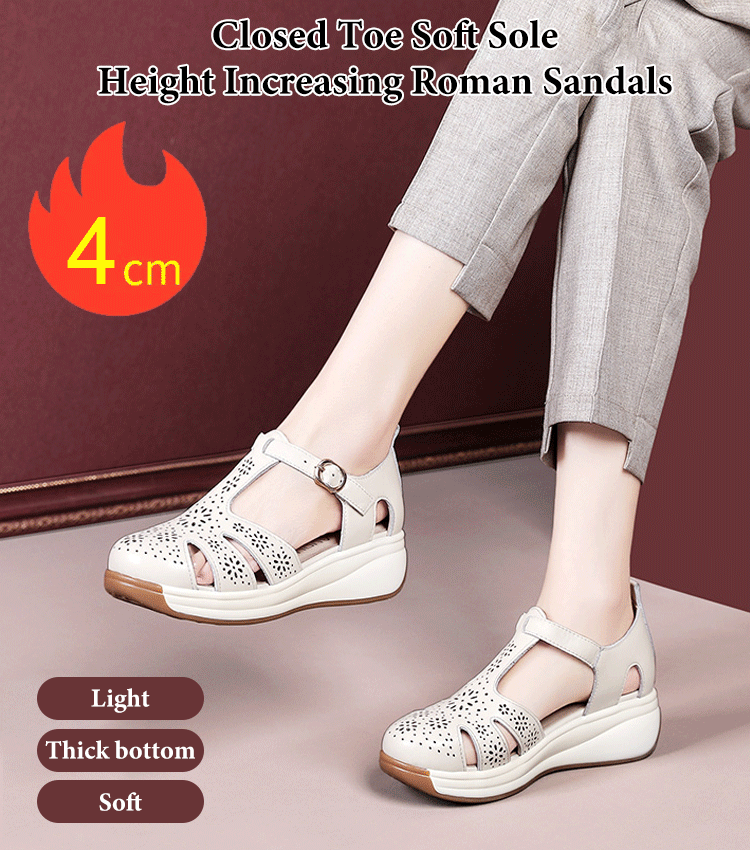 👡【35-40】Sandale romane cu talpă moale și talpă închisă pentru creșterea înălțimii, Fund și suprafață moale, design ajurat, respirabil și răcoros.