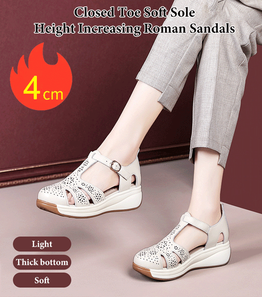 👡【35-40】Sandale romane cu talpă moale și talpă închisă pentru creșterea înălțimii, Fund și suprafață moale, design ajurat, respirabil și răcoros.