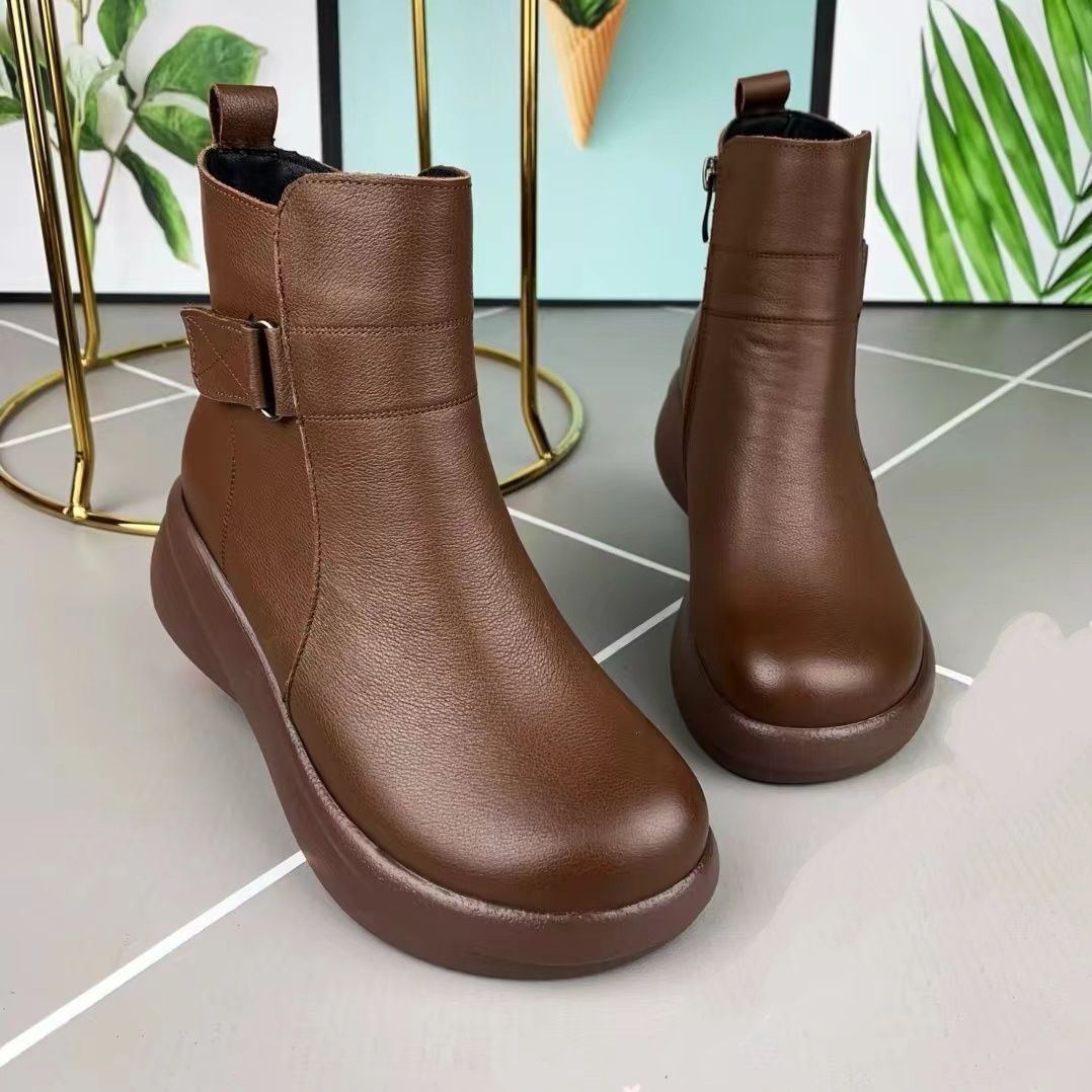 【35-40】Ghete noi de iarnă din piele naturală, cu talpă groasă, cu vârf rotund 3854905