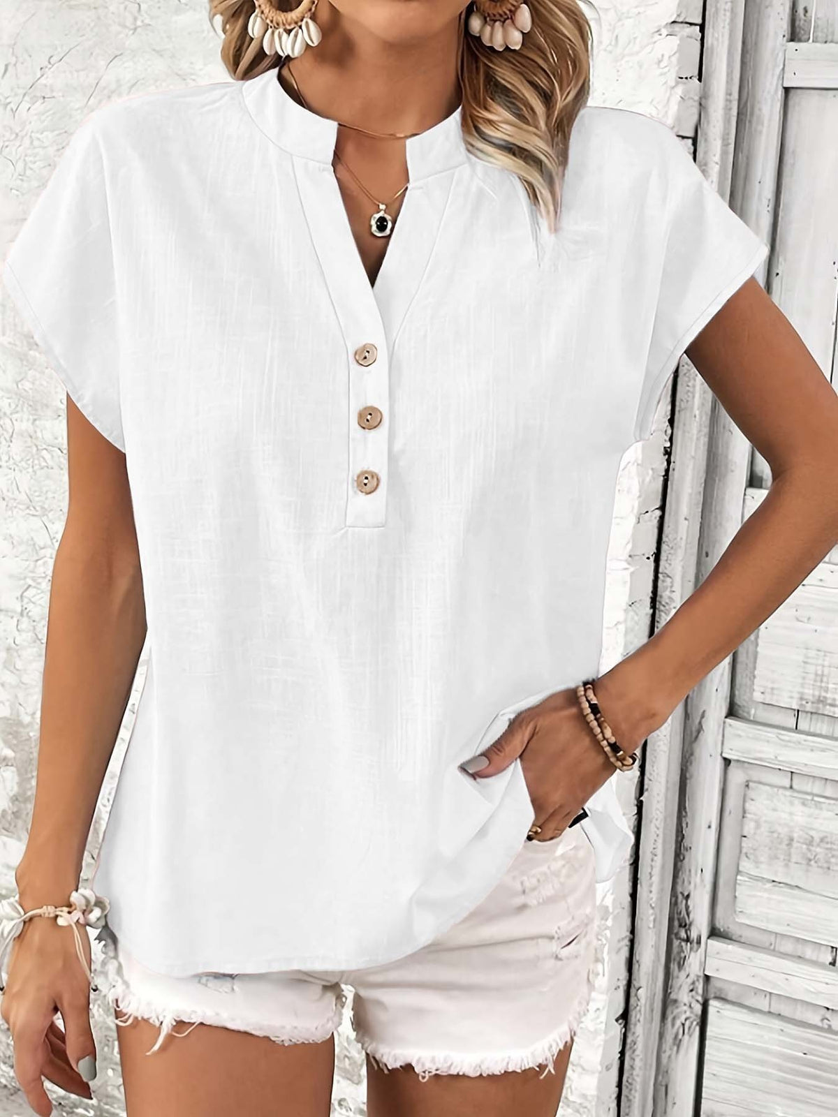 🎀💖【Novi dolasci 50% popusta samo 3 dana】👚2026 Nova ženska ležerna košulja kratkih rukava s V-izrezom i kopčanjem na gumbe, pamučno-lanenasti gornji dio u jednoj boji
