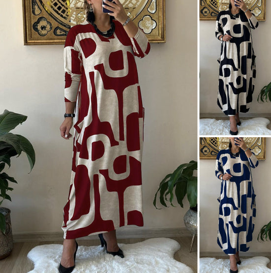 👗🎀【S-3XL】Ležerna modna haljina s okruglim izrezom i dugom suknjom s printom dugih rukava