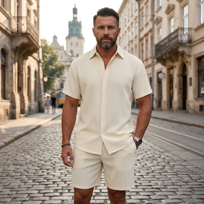 👔👖【S-3XL】🔥Ljetni muški ležerni komplet za plažu kratkih rukava i košulje kratkih hlača, ležerna mješavina pamuka i lana