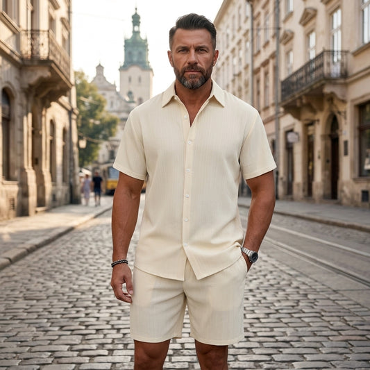 👔👖【S-3XL】🔥Ljetni muški ležerni komplet za plažu kratkih rukava i košulje kratkih hlača, ležerna mješavina pamuka i lana