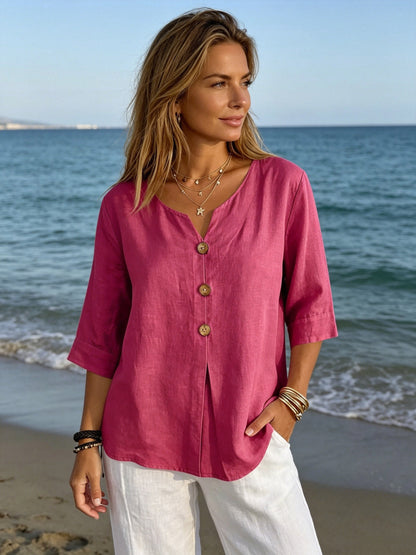 ⏳🔥【Ograničeno 3 dana s 50% popusta】👚2026 Novi ležerni, široki jednobojni top od pamuka i lana s tri četvrtine rukava —✅Besplatna dostava, ✅Plaćanje pouzećem