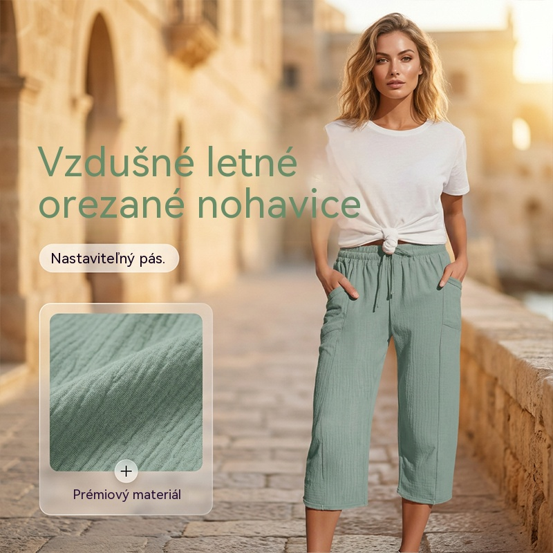 💖【Kúp jeden, druhý dostaneš zadarmo】👖👖Dámske jednofarebné skladané capri nohavice z bavlny a ľanu - štýlové a priedušné, lichotivé tvaru nôh, elegantné a ležérne