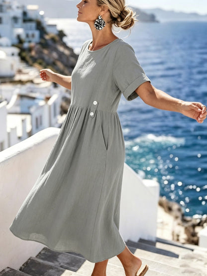 💥⏳【Zadnja 3 dana, 50% popusta】👗【M-3XL】Nova pamučno-lanena haljina s okruglim izrezom, prozračna i udobna, stagnira i laska.