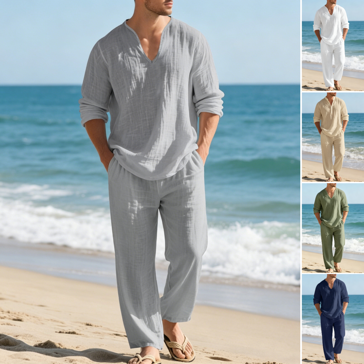 🌴 50% popusta🔥【Majica + hlače】Muško ležerno laneno odijelo širokog kroja s V-izrezom za plažu. ✅️Plaćanje pouzećem