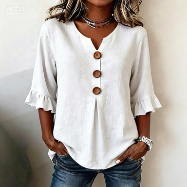 🌟🌟【S-3XL】Camiseta de mujer cómoda y transpirable con mangas abullonadas y diseño de cuello en V con botones.