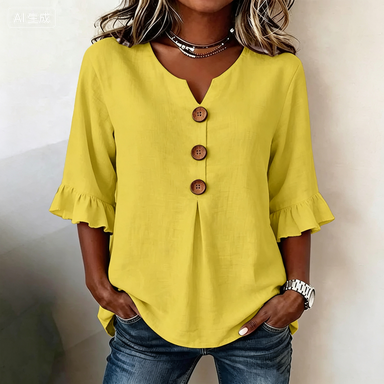 🌟🌟【S-3XL】Camiseta de mujer cómoda y transpirable con mangas abullonadas y diseño de cuello en V con botones.