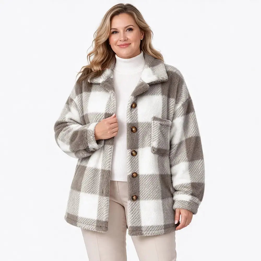 🧥【S-5XL】Ženski plišani karirani kaput, debeli materijal od umjetnog krzna, široki kroj, topla jesensko/zimska jakna🥰