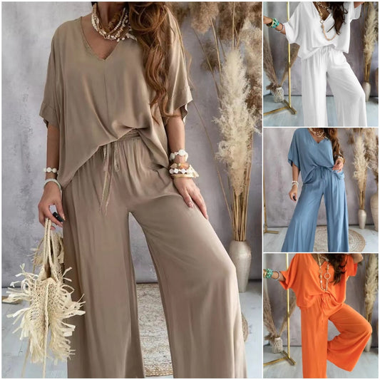 💕🥰50% popusta! 【S-3XL】V izrez kratki rukav + široke hlače set, izbor kroja