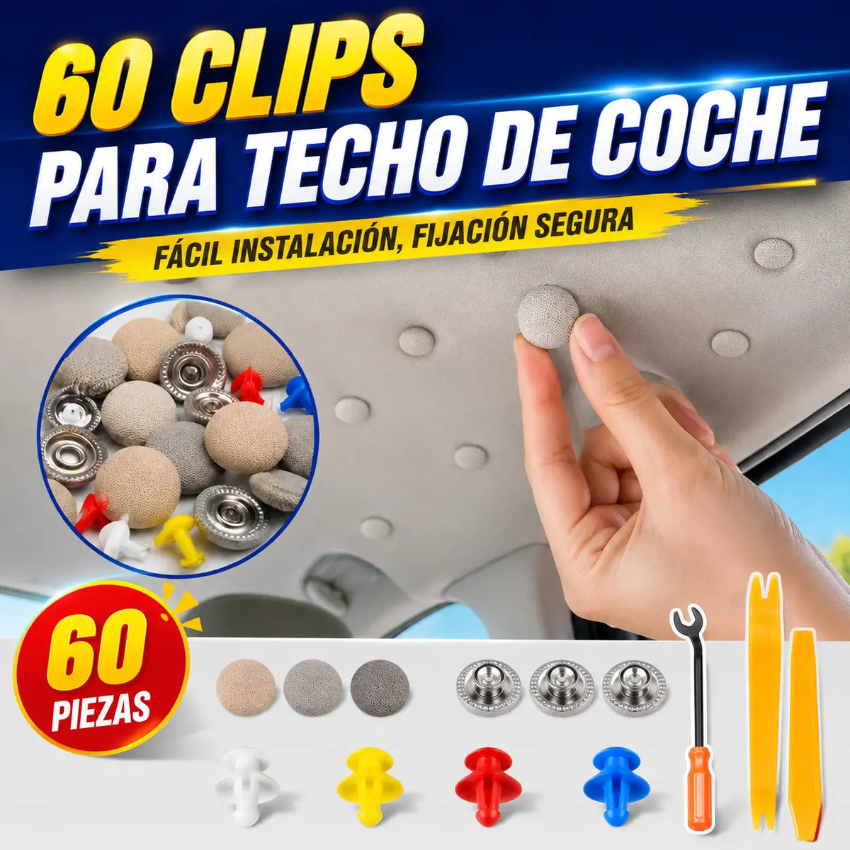 🔥【60 piezas】🚗Clips para desmontar la lona del techo del coche, incluyendo herramientas de instalación, que facilitan el desmontaje y el montaje.