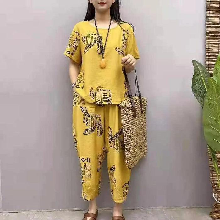 🔥【Top + Pantaloni】🔥Costum de femeie cu mânecă scurtă, stil nou 2025, lejer, pentru femei de vârstă mijlocie și în vârstă