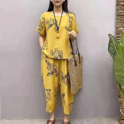 🔥【Top + Pantaloni】🔥Costum de femeie cu mânecă scurtă, stil nou 2025, lejer, pentru femei de vârstă mijlocie și în vârstă