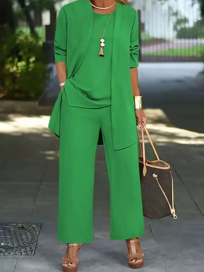 💥【Último día, 50% de descuento】🧥【S-5XL】Nueva colección de verano 2026. Elegante conjunto de tres piezas para mujer en tallas grandes🍂 - chaqueta, top, pantalón casual