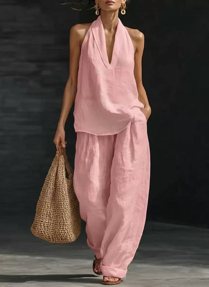 💥💥【Zadnji dan za nove artikle, 60% popusta】👚👚【S-5XL】Ženski ljetni komplet bez rukava s V-izrezom, top bez prsluka + široke hlače