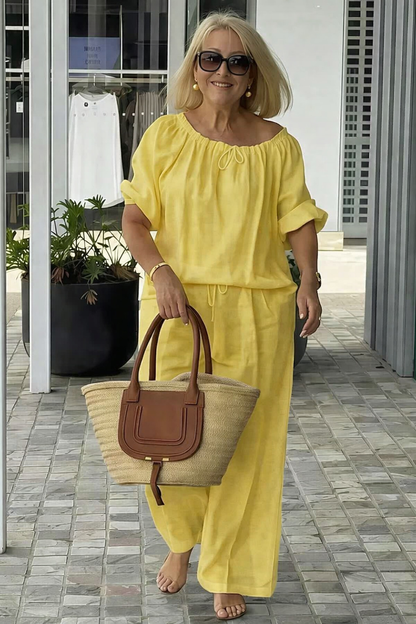 👑💃Ljetni set 2026, široki kroj od pamuka i lana 【Bluza s okruglim ovratnikom i vezicom + hlače】