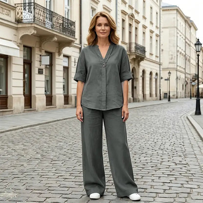 🔥【50% popusta】🔥 Ležeran i elegantan ljetni set: Izrađen od prirodnih materijala, s modernim V-izrezom u kombinaciji s hlačama ravnog donjeg ruba