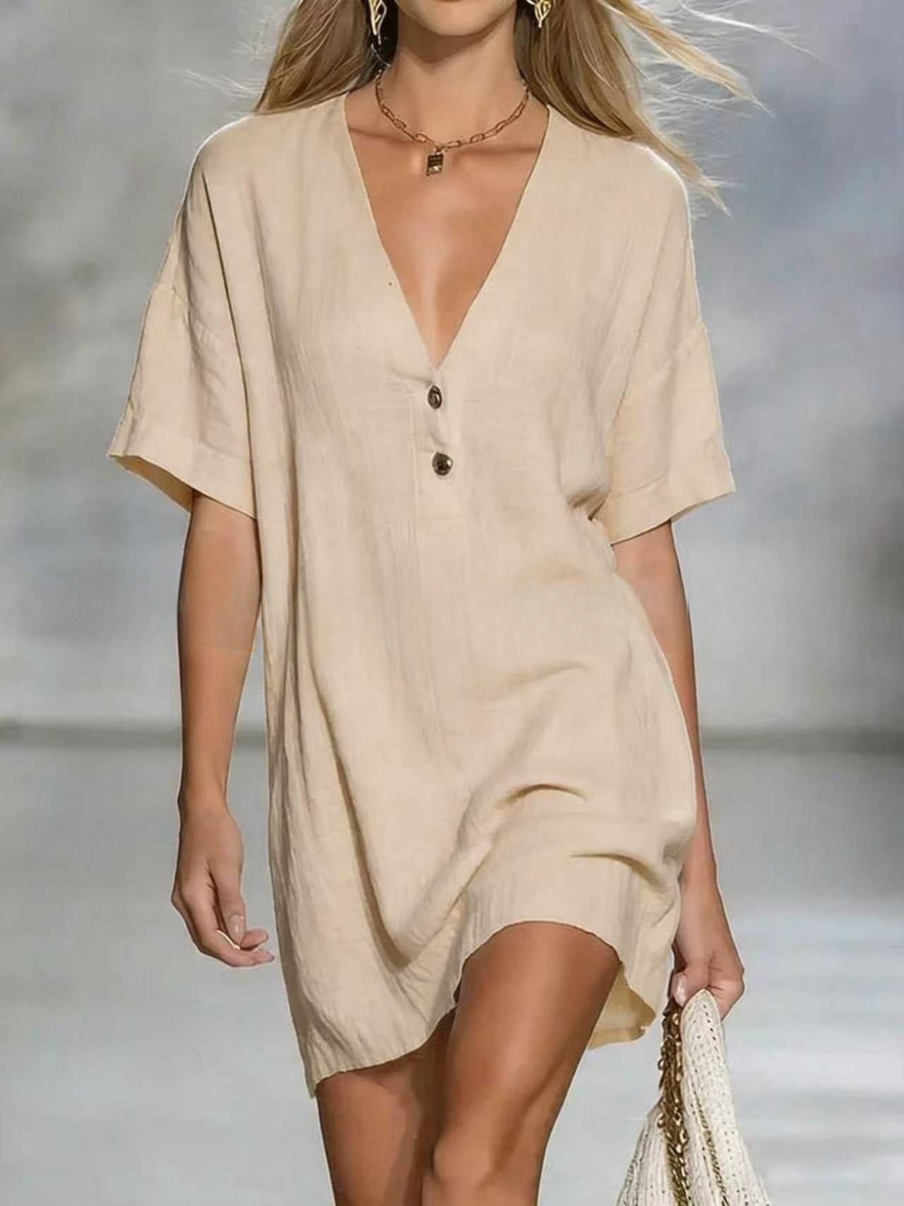 ✨🌷【50% popusta🔥】Nova ljetna moda, elegantna i jednostavna haljina od pamuka i lana s V-izrezom