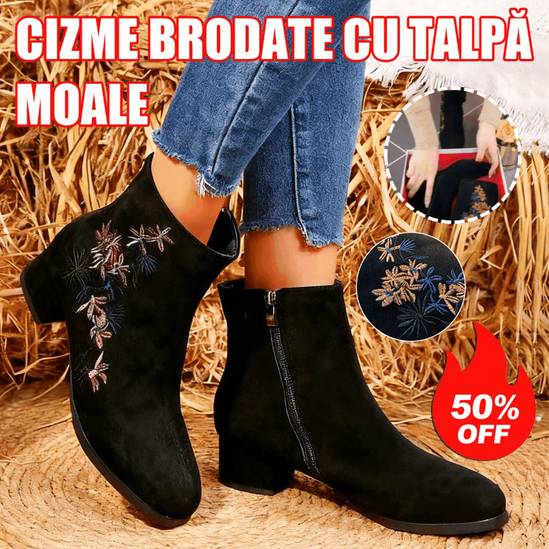 🥰🥰【35-40】Ženske čizme s okruglim vrhom, debelom petom i vezenim četkanim detaljima（5cm）