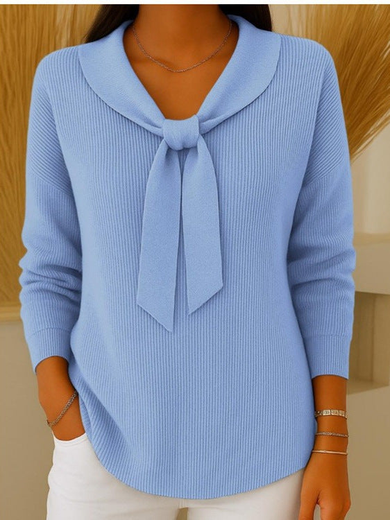 🌺🍁【S~5XL】Suéter de color liso para mujer con lazo y manga larga, libre y suelto 