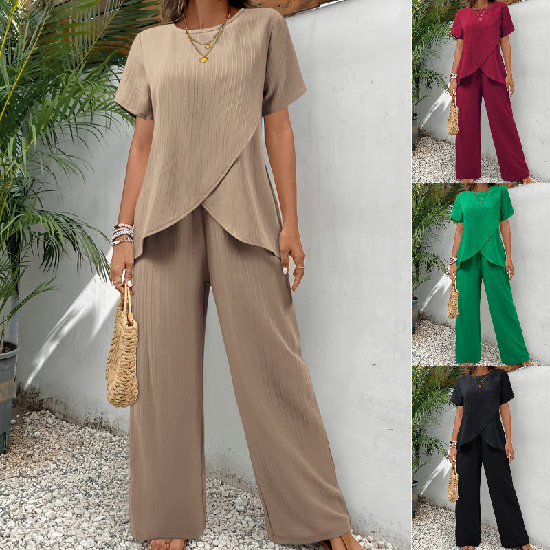 👗 Ženski komplet S–3XL – ležeran kroj, kratki rukav, okrugli izrez, asimetričan dizajn (majica + hlače)