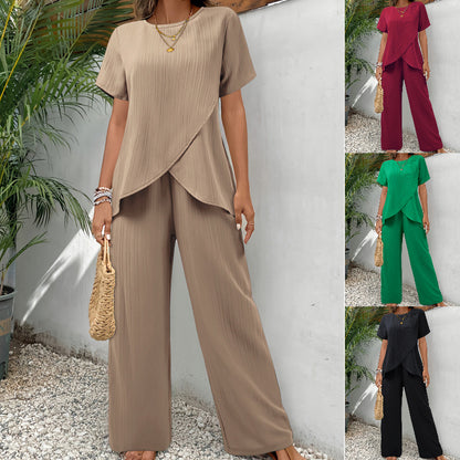 👗 Ženski komplet S–3XL – ležeran kroj, kratki rukav, okrugli izrez, asimetričan dizajn (majica + hlače)