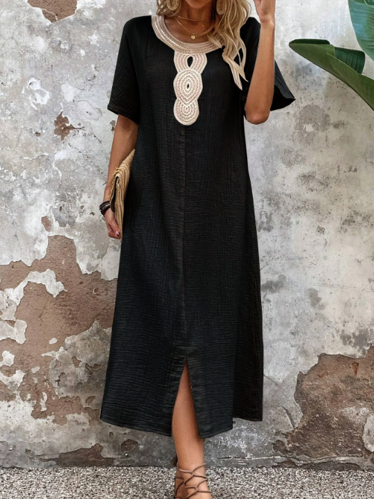 👗🧚‍♀️【Reducere 50% 🔥】【S–3XL】💖 Rochie de vară vaporoasă pentru femei, cu decolteu rotund, dantelă, mâneci scurte, din bumbac și in pur, cu șliț și croială lejeră-3988605