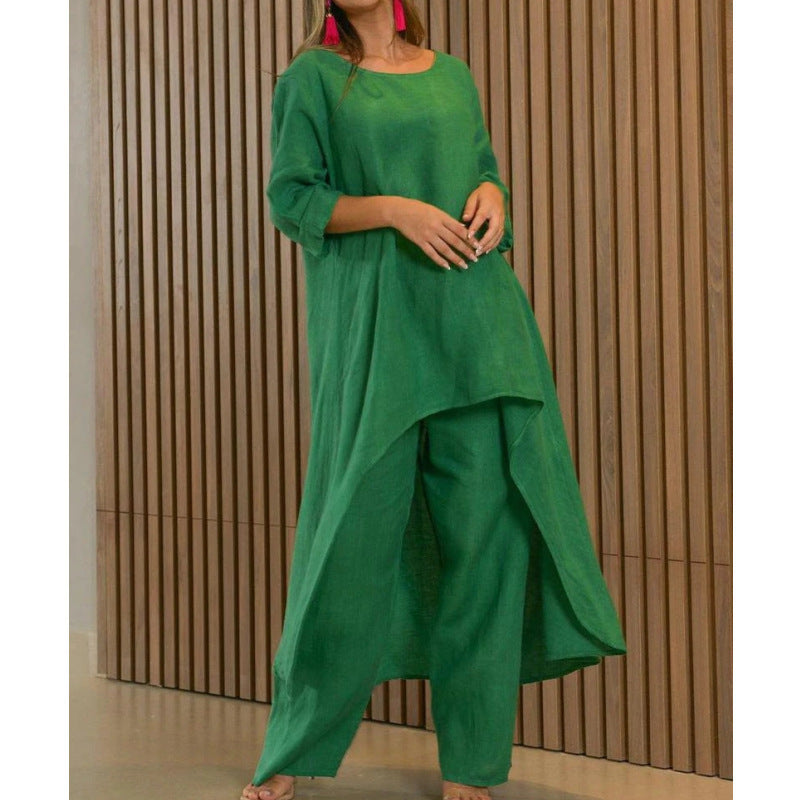 50% sleva ✨【S-3XL】👚👖 Souprava topu s dlouhým rukávem nepravidelného tvaru a stylových kalhot rovného střihu, ležérní a elegantní