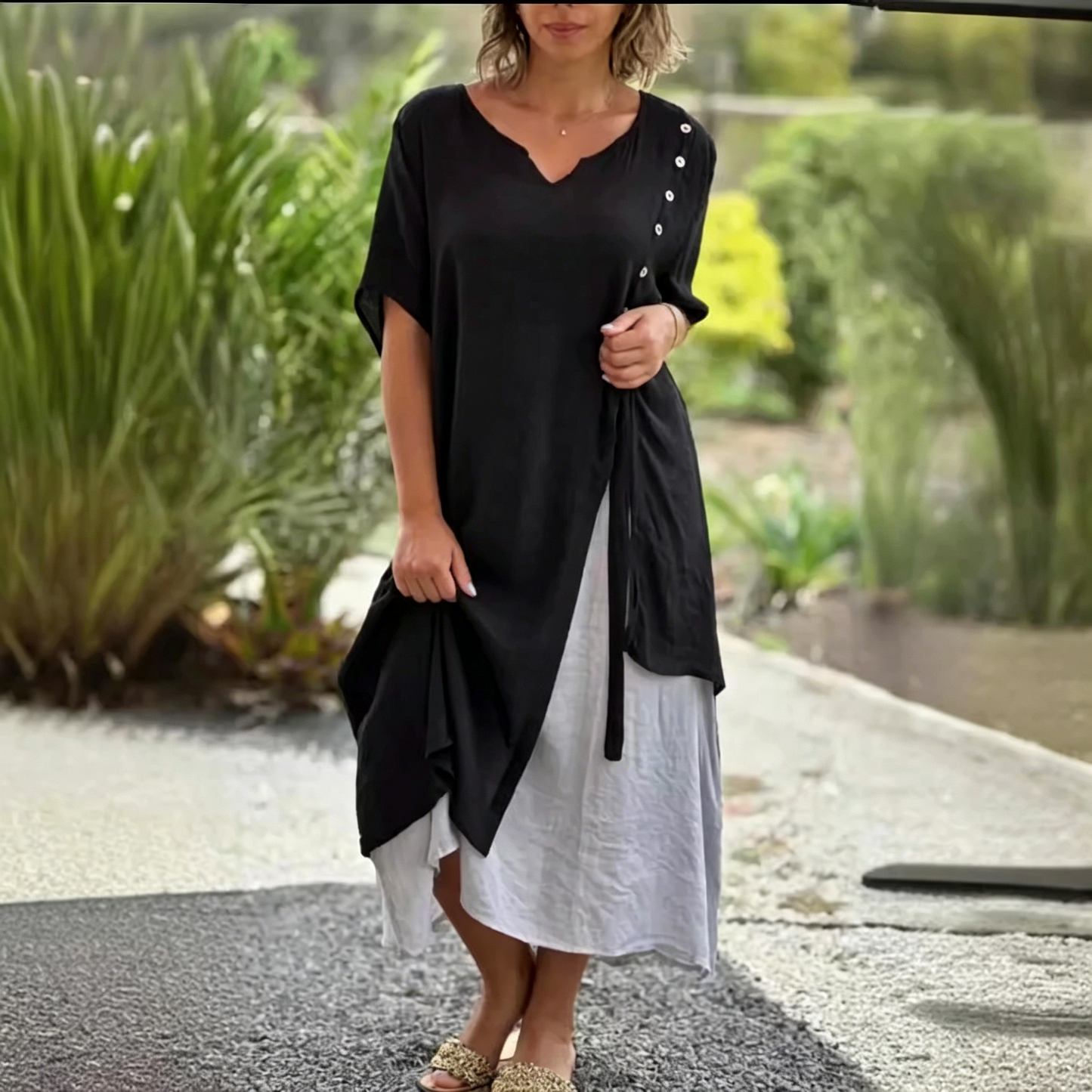 👗💖Vremenski ograničena promocija😍【S-4XL】✨Nova proljetno/ljetna dvodijelna asimetrična haljina za 2026. godinu, V-izrez s kratkim rukavima.