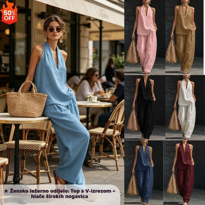 💥💥【Zadnji dan za nove artikle, 60% popusta】👚👚【S-5XL】Ženski ljetni komplet bez rukava s V-izrezom, top bez prsluka + široke hlače
