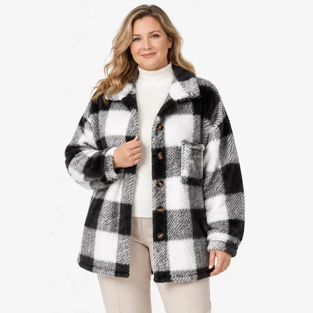 🧥【S-5XL】Ženski plišani karirani kaput, debeli materijal od umjetnog krzna, široki kroj, topla jesensko/zimska jakna🥰