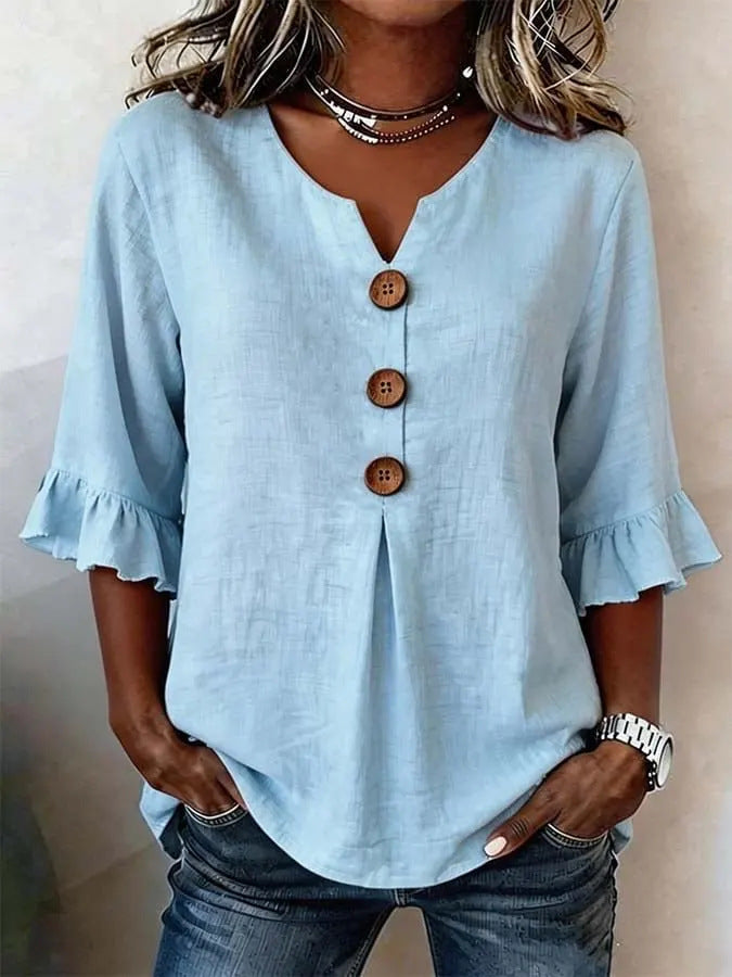 【S-3XL】 👚💖Dámska pohodlná košeľa z bavlny a ľanu s volánikovými rukávmi strednej dĺžky a zapínaním na gombíky, štýlová a elegantná.