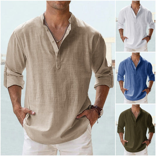 👕🤩【S-5XL】 Cămașă pentru bărbați cu mâneci lungi, material din bumbac și in.-3981064