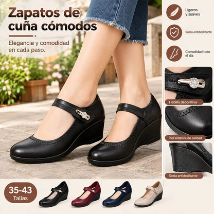 【35-41】Zapatos de piel suave con suela blanda y tacón de cuña antideslizantes para madres