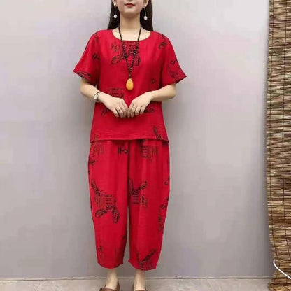 🔥【Top + Pantaloni】🔥Costum de femeie cu mânecă scurtă, stil nou 2025, lejer, pentru femei de vârstă mijlocie și în vârstă