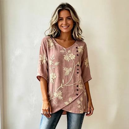 Vintage bluza od lana i pamuka s cvjetnim vezom, V-izrezom i asimetričnim dizajnom gumba, prozračan i mekan materijal, elegantan retro stil